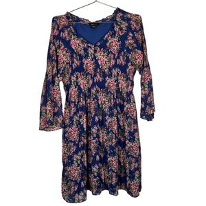 Robert Louis Floral Smocked Mini Dress Blue Pink Rose Bell Sleeve XL